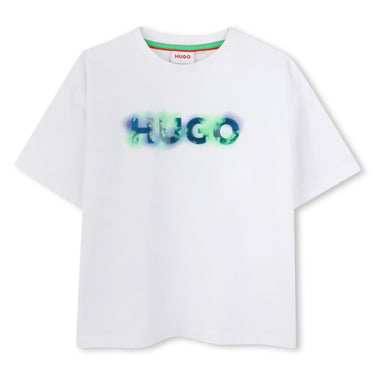 HUGO Playera para niño y adolescente blanca estampada en tonos azules y verdes